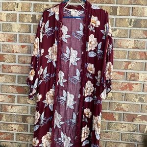 F21 Long Maroon floral kimono